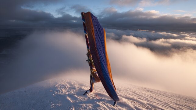 steep. Mountaineering flag waving on a snowy mountain peak with dramatic clouds in the background. travel magazines, destination branding, designed for outdoor magazines and nature guides.
