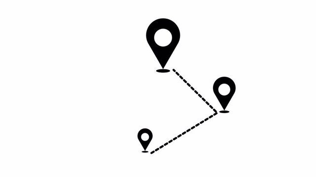 Three Location Pin Pointer Connection with Animated Lines on White Background. 4K Motion Graphic Location Path Animation.
