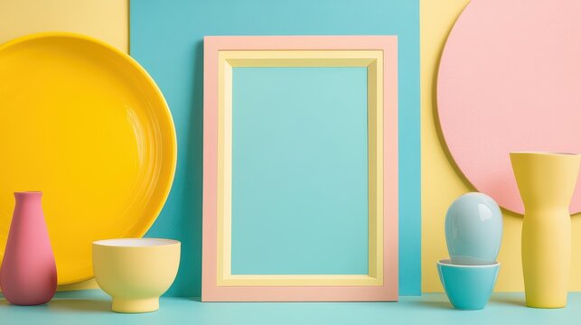 Pastel-colored tableware, frame, and decorative objects arranged on a colorful background.