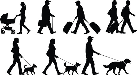 Naklejka premium Silhouettes of everyday activities, people walking, baby stroller, suitcase travel, dog walking, urban lifestyle, commuting icons, leisure illustration, diverse figures