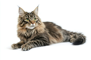 Fototapeta premium Large Maine Coon cat lying down and looking away isolated on white background