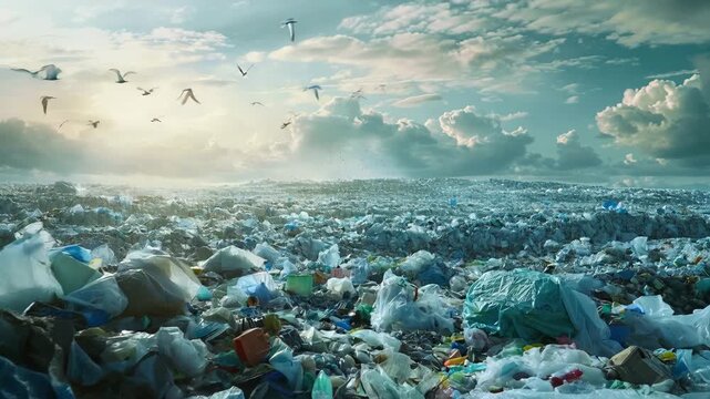 plastic landfill Mass of plastic waste in landfill with birds flying under cloudy sky 4k video