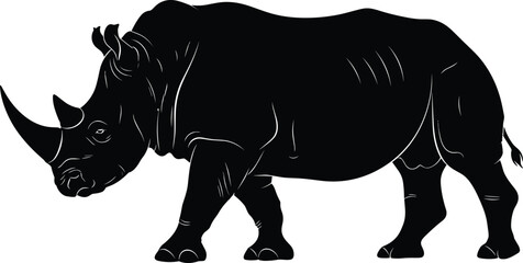 Rhinoceros, silhouette, cad, drawing, flat, vector, illustration, safari, animal, rhinoceros, rhino, wildlife, africa, nature, horn, black, standing, isolated, mammal, wild © Shohidul
