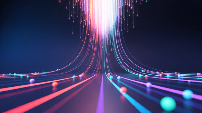 Abstract digital network with glowing lines and colorful spherical nodes