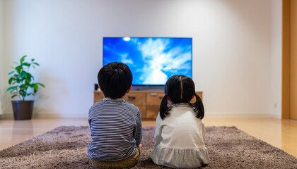Naklejka premium テレビを観る幼い兄弟の後ろ姿のイメージ画像