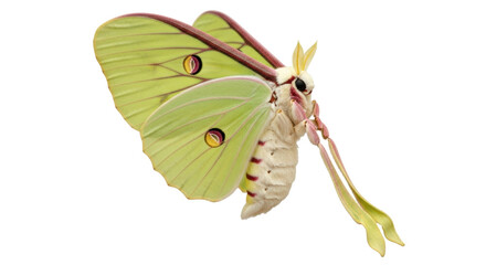 Isolated Actias luna moth a nocturnal insect with long tails a chartreuse-green wings © Eustace