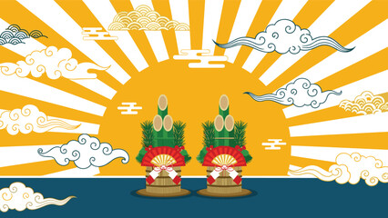 Fototapeta premium Traditional japanese new year celebration illustration featuring kadomatsu decorations sunrise clouds and ocean waves.
