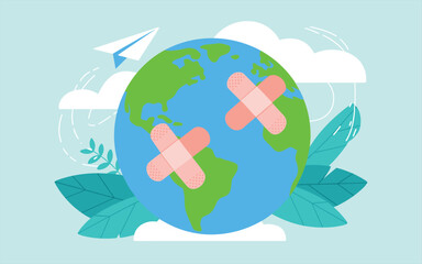 Fototapeta premium Wounded Planet Earth with Bandages and Paper Airplane Illustration