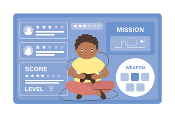 Kid player hold joystick. Process of playing video game. Gameplay, menu on screen. Technology on PC computer or console. Gaming, concept banner. Videogame on screen. F © Marina