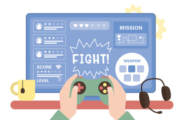 Player's hands hold joystick. Process of playing a video game. Gameplay technology on PC computer or console. Gaming, concept banner. Videogame on screen. Equipment of gamers. © Marina