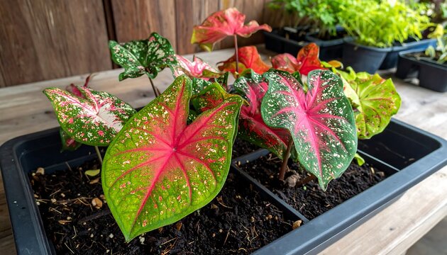 Vibrant caladiums in a black tray showcase colorful foliage on a wooden surface, with blurred plants in background