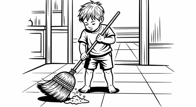 Little boy holding a broom cleaning.