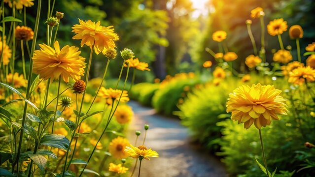 Sunlit Pathway Through a Vibrant Field of Golden Yellow Flowers Blooming in a Lush Garden