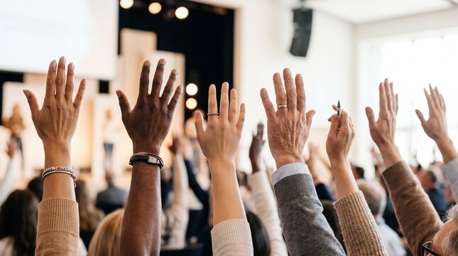 Diverse group of people raising hands in a meeting or conference.