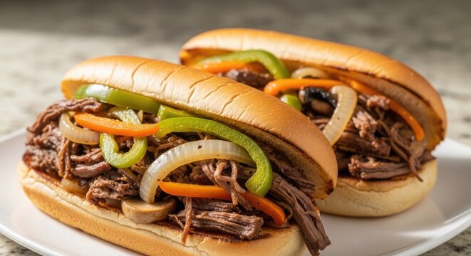 Two italian beef sandwiches on a plate