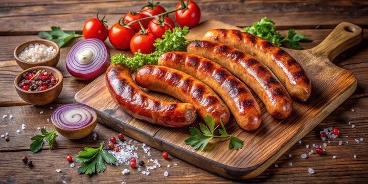 Grilled sausages on a rustic wooden board, garnished with fresh herbs, onions, and spices