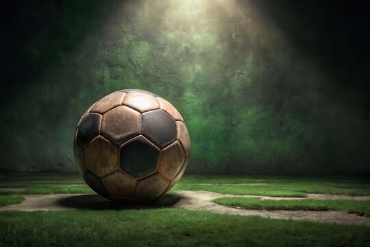 A weathered soccer ball rests on a grassy field, illuminated by a single spotlight against a dark, textured background, evoking a sense of nostalgia and forgotten games.