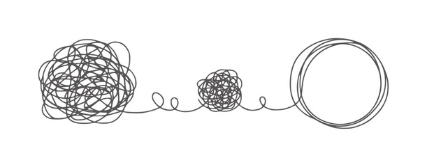 Black and white line of tangled lines becoming a circle messy