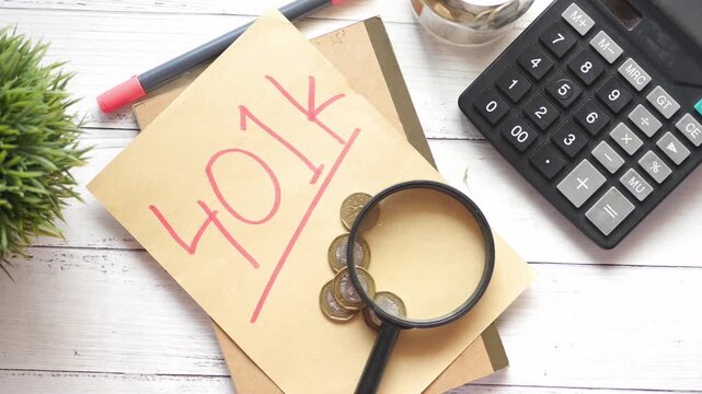A close-up view of 401k written on a paper with coins and calculator, symbolizing retirement savings and financial planning