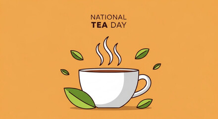Steaming cup of tea with leaves on national tea day against orange background
