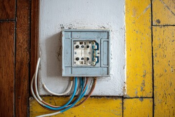Close-up of a vintage electrical outlet on a wall, wires exposed, with old wooden floor