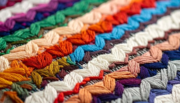 Vibrant, close-up detail of colorful, textured embroidery with woven strands in varying hues
