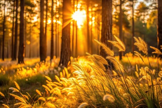 Golden Hour Illumination in a Serene Woodland Setting, Tall Grasses Bathed in Warm Sunlight, Peaceful Forest Landscape