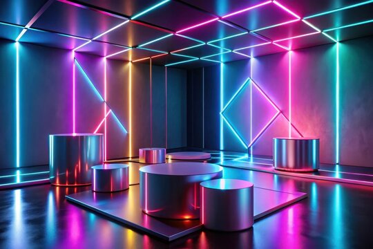 A Futuristic Display with Vibrant Neon Lighting and Sleek Metallic Platforms Ideal for Product Showcases or Abstract Art Installations