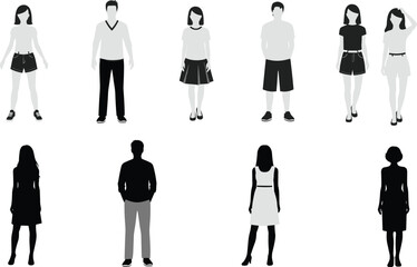 Diverse group of young men and women in casual everyday outfits standing silhouettes, full body relaxed poses isolated on white background vector illustration.