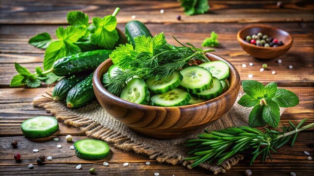 Refreshing Sliced Cucumbers in Wooden Bowl with Fresh Herbs and Spices on Rustic Wooden Table