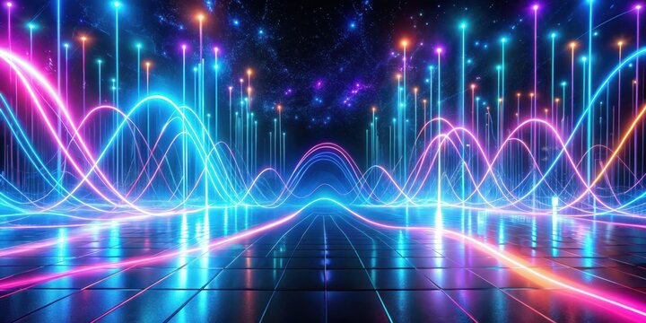 Abstract Neon Light Trails Across a Reflective Surface with Glowing Vertical Lines and a Starry Night Sky Background