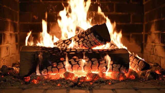 Cozy fireplace with burning wood logs and glowing embers providing warmth