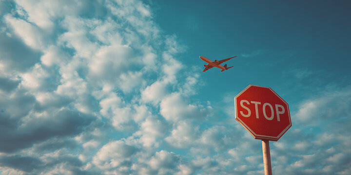 Traffic stop sign and commercial plane in the sky as symbol of flight restrictions