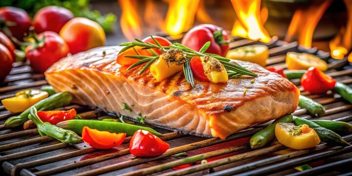 Grilled salmon fillet with assorted vegetables on a barbecue grill