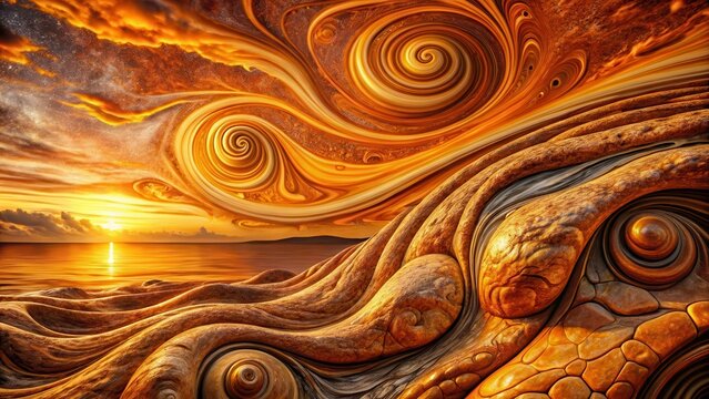 Golden Hour Swirls Over Sculptural Seascape A Dreamlike Fusion of Celestial and Terrestrial Forms