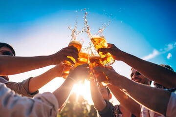 Happy people toasting with beers.