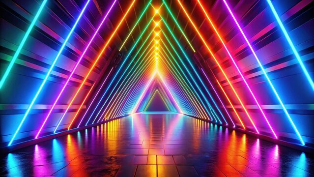 Vibrant Neon Rainbow Tunnel Futuristic Architectural Design with Glowing Lines and Reflective Floor