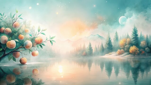 Serene lake reflecting a mystical sunrise over a tranquil forest, adorned with a fruit tree laden with ripe, golden orbs under a celestial moonlit sky.