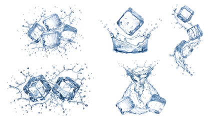 ice cubes in motion, creating dramatic water splashes and droplets against a dark background.