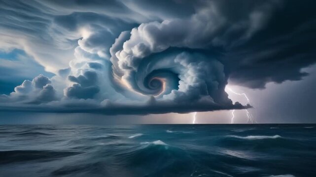 Mesmerizing spiral storm cloud dominates the vast, dark ocean, electrifying the horizon with powerful lightning strikes, a magnificent display of nature's formidable energy and unpredictable beauty