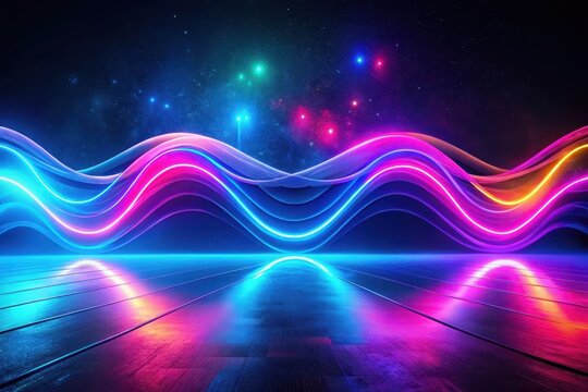 Abstract Neon Wave Reflections on a Dark Polished Floor with a Cosmic Background