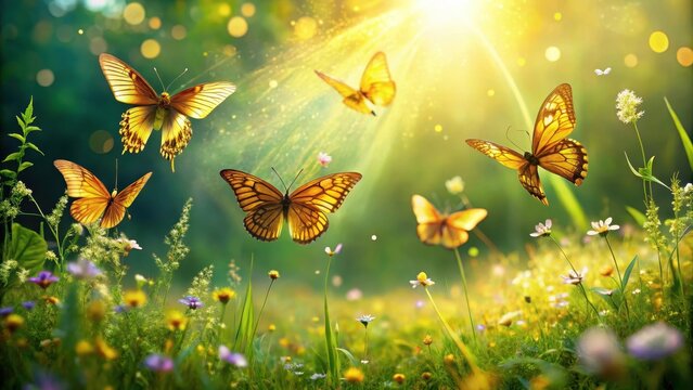 Golden Butterflies Dancing in a Sunlit Meadow, Surrounded by Vibrant Wildflowers and Delicate Blossoms