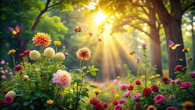 Sunlit Meadow with Vibrant Blooms and Dancing Butterflies in a Serene Garden Setting