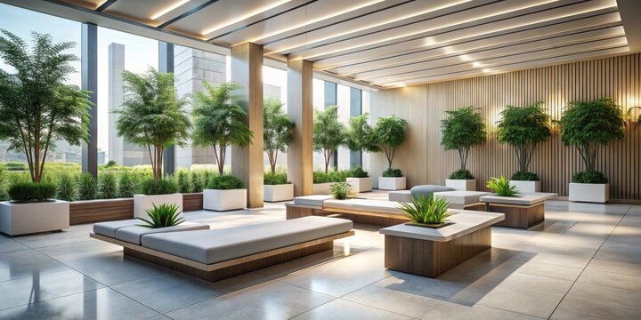 Serene Indoor Oasis Modern Lounge with Abundant Greenery and Natural Light Featuring Minimalist Design Elements and Comfortable Seating