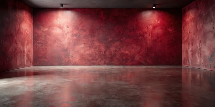 Crimson Walls and Polished Floor An Empty Room with Dramatic Lighting