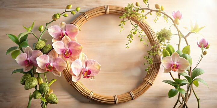 A serene arrangement of delicate orchids and verdant foliage artfully encircles a circular woven frame, creating a tranquil and aesthetically pleasing composition.