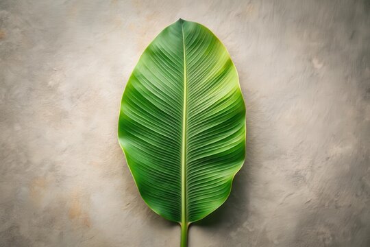 A single, vibrant green tropical leaf rests on a neutral textured backdrop, offering a serene and visually appealing image perfect for design projects needing a natural, minimalist aesthetic.