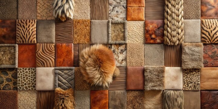 A Textured Tapestry of Earthy Tones and Luxurious Animal-Inspired Fabrics Showcases a Diverse Array of Natural Textures and Subtle Color Variations