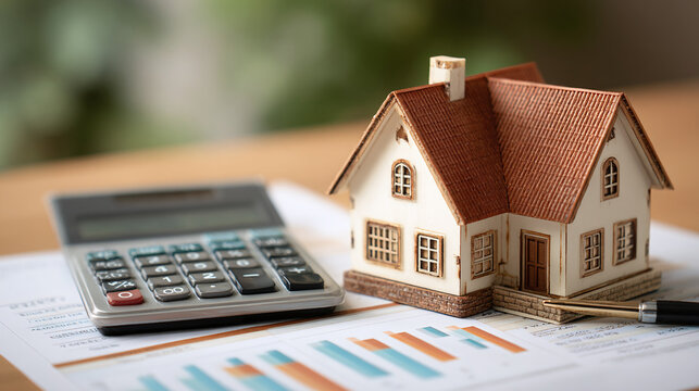 real estate finance concept with house model and calculator placed on report showing mortgage planning loan interest homeownership budget analysis and property investment strategy