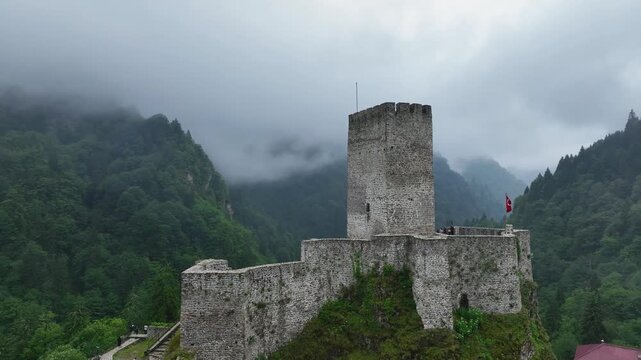 Historical Zilkale (Zil Kale) Castle located in Camlıhemsin, Rize and Kackar Mountains in the background
